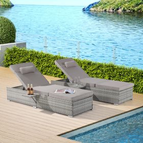 Outdoor Chaise Lounge Chair Set of 2 with Patio Pool Chairs Tanning Lounges for Outside,Beach Rattan Recliners with Adjustable Backrest, Table