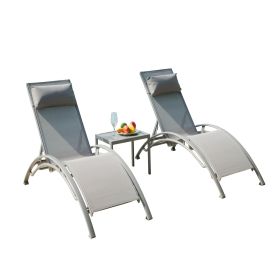 Pool Lounge Chairs Set of 3, Adjustable Aluminum Outdoor Chaise Lounge Chairs with Metal Side Table, All Weather for Deck Lawn Poolside Backyard