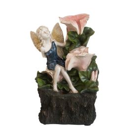 8.9x4.7x13.4" Decorative 3 Tier Tabletop Water Fountain with Fairy and LED Light, Angel Girl with Pink Flower Design, for Indoor Tabletop and Out