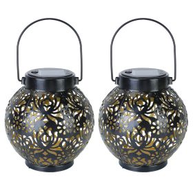 2Pcs Solar Powered Hanging Lights Outdoor Waterproof Decorative Hollow Lantern Lamps Warm White Retro Style Decorative Landscape Lights For Patio