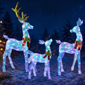 48 INCH  3 Piece 2.5D Colorful Lighted Christmas Deer Family Outdoor Decorations, Clear-Look Reindeer Set With 145 Lights, Gold Antlers, Stakes A (Option: White)