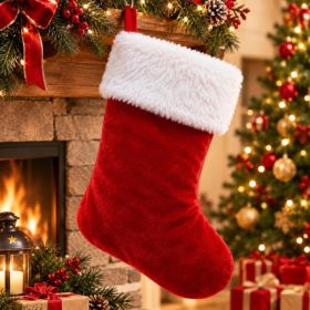 20 Inch Christmas Stockings Decorations Classic Plain Red White Velvet Cotton Plush Handmade Decor For Fireplace Mantel, Xmas Tree, Stairs (Option: Red)
