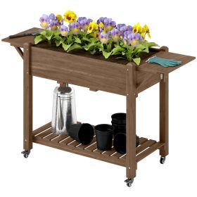 Wood Raised Planter Box, Elevated Garden Bed With Lockable Wheels, Side Tables, Bottom Shelf, Drain Holes, Carbonized (Option: Carbonized-1090x520x135 mm)