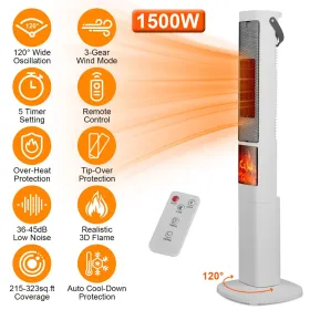 1500W Oscillating Ceramic Tower Space Heater With 3D Flame Portable Electric Heater With 3 Wind Modes Remote Control 5 Timer Overheat Tip-Over Pr (Color: White)