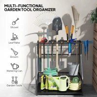 Outsunny 3-Tier Yard Tool Storage Rack, Garden Tool Organizer With Hooks For Long-Handled, Broom, Shovel, Blue (Option: Blue)