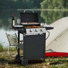 Propane Gas Grill 3 Burner Barbecue Grill, Stainless Steel 26,000 BTU Patio Garden Barbecue Grill with Two Shelves, Lid, Wheels and Bottle Opener (Color: Black)