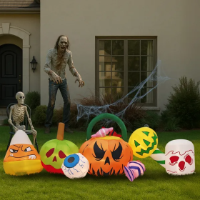 8FT Long Halloween Inflatables Pumpkins Eyeball Candy Outdoor Decorations, Blow Up Yard Decoration With Built-in LEDs Lighted For Lawn Garden Out (Option: Halloween)