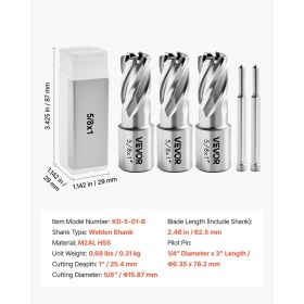 Annular Cutter Set, 5 Pcs Weldon Shank Mag Drill Bits Kit, 1" Cutting Depth, 5/8" Cutting Diameter, HSS, 3 Drill Bits With 2 Pilot Pins And 3 Pla (Option: Black)
