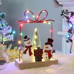 Home Christmas Tabletop Decoration, Wooden Pre Lit Snowmen Gift Boxes Ornament With Metal Frame, Battery Operated LED Light Up, Holiday Sign (Option: Multicolor)