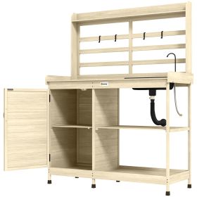 Wooden Potting Bench with Storage, Sink, Water Tap for Backyard, Patio, Balcony, Natural (Option: Natural Wood-1190x295x530 mm)