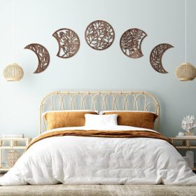 Moon Phases Wall Art 5 PCS, 10.6 Inch Brown Botanical Lunar Phase Decorations For Bedroom, Living Room And Home Decor (Option: Brown)