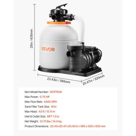 16 In Sand Filter Pump For Above Ground Pool, 0.75 HP 4400 GPH, Swimming Pool Sand Filter Pump With Pre-Assembled Core & Leak-Resistant Design, 6 (Option: Black)