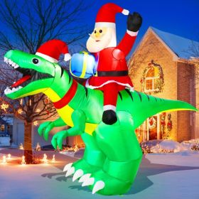9x7FT Christmas Inflatables Santa Ride On Dinosaur With LED Outdoor Christmas Dinosaur Inflatable Blow Up Yard Decorations With Sandbags Stakes S (Option: Green)