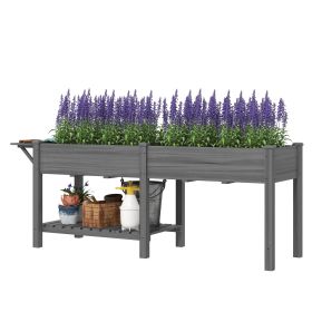 Wood Raised Garden Box, Elevated Garden Bed With Side Table, Bottom Shelf, Bed Liners And Drainage Holes, Gray (Option: Gray-990x570x230 mm)