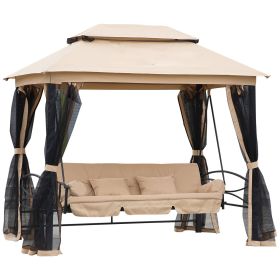 3-Seat Patio Swing Chair, Outdoor Gazebo Swing with Double Tier Canopy, Mesh Sidewalls, Cushioned Seat and Pillows, Beige (Color: as Pic)