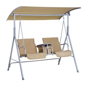 2 Person Porch Swing with Stand, Outdoor Swing with Canopy, Pivot Storage Table, 2 Cup Holders, Cushions for Patio, Backyard, Beige (Color: as Pic)