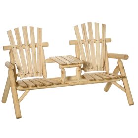 Outsunny 2-Seat Wooden Adirondack Chair, Patio Bench with Table, Outdoor Loveseat Fire Pit Chair for Porch, Backyard, Deck, Natural (Color: as Pic)