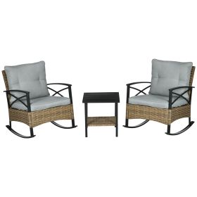 Outsunny 3 Piece Patio Rocking Chair Set, Outdoor Wicker Bistro Set with 2 Cushioned Porch Rockers and 2 Tier Coffee Table for Garden, Porch, Bac (Color: as Pic)
