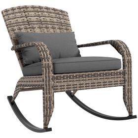 Outsunny Outdoor Wicker Adirondack Rocking Chair, Patio Rattan Rocker Chair with High Back, Seat Cushion, and Pillow for Garden, Porch, Balcony, (Color: as Pic)