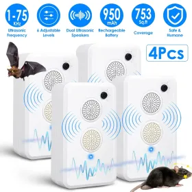 2Pack/4Pack Options - Rechargeable Ultrasonic Bat Repellent Indoor Outdoor Bird Mouse Deterrent Device With 6 Adjustable Levels For Attic Porch H (Option: 4pack)