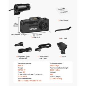Dash Cam Front And Rear, 4K+1080P, 64 GB Card Included, Dual Channel Dash Camera For Cars With Built-in GPS, G-Sensor, Front 129° & Rear 125°, 3. (Option: Black)