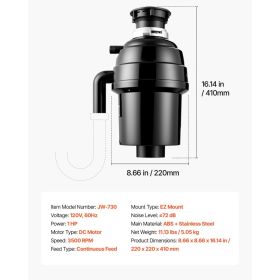 Food Waste Garbage Disposal, 1HP 3500RPM DC Motor, Continuous Feed Kitchen Sink Garbage Disposer, EZ Connect Food Waste Grinding System With Soun (Option: Black)