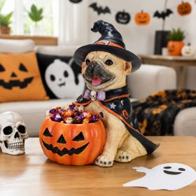 Not For Sale On Wayfair---  Halloween French  Witch Puppy Figurine, Cute Dog Holding Pumpkin Candy Bowl Decoration (Option: Beige,Orange-Red)